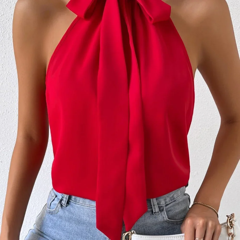 Red Preppy Womens Solid Tie Neck Halter Top - Picture 5 of 5